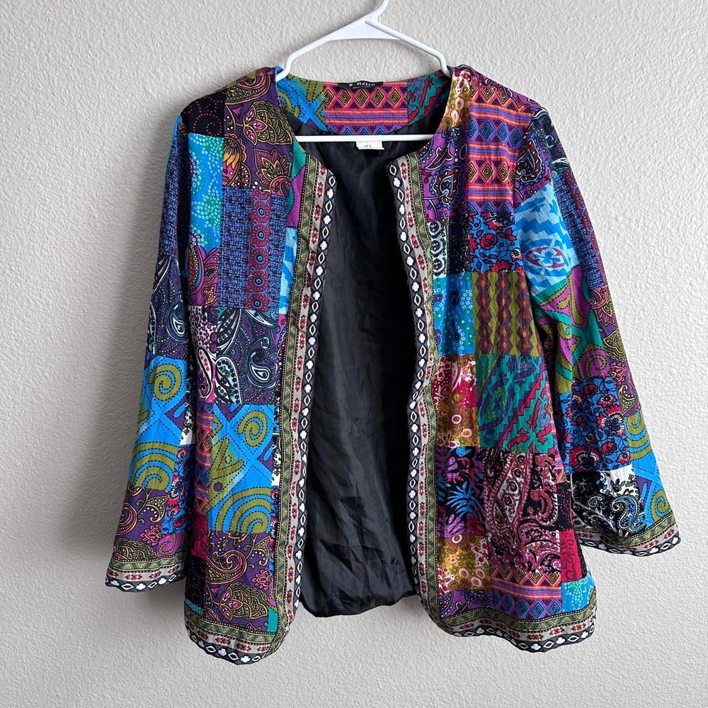 E-Retro multicoloured patchwork blouse with bell sleeves. Size: XL